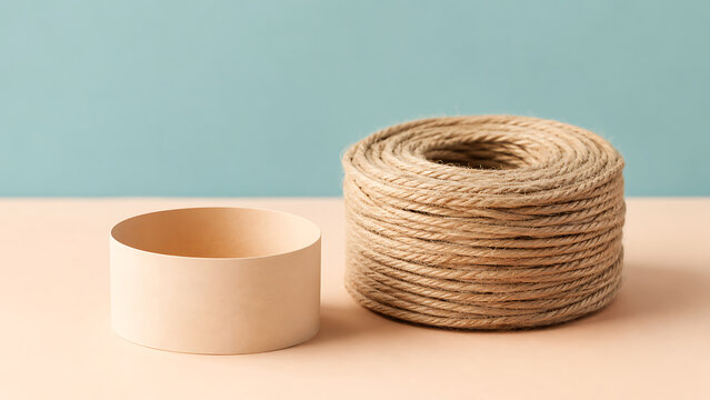 A roll of brown jute twine and a small wooden round box on a pastel background