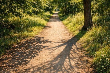 Fototapeta premium A tree casts a long shadow on a dirt path, perfect for travel or outdoor-themed projects