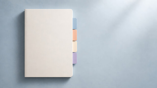 Closed white notebook with colorful index tabs on a light blue background