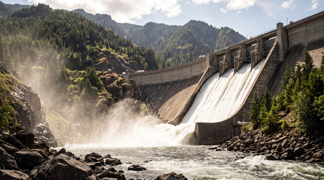 Large concrete hydroelectric dam releasing massive amounts of white water through spillways into a rocky river valley surrounded by forested mountains