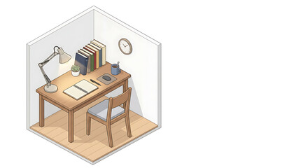 Fototapeta premium Isometric illustration of a cozy study room with a wooden desk, chair, books, lamp, and a clock on the wall