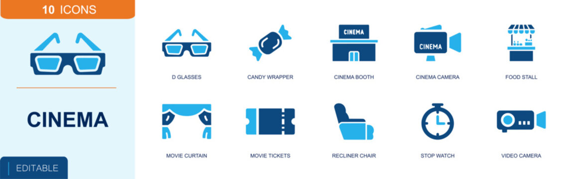 Cinema icon set. Containing 3D glasses, candy wrapper, cinema booth, movie tickets, movie curtain, recliner chair, video camera, stopwatch, concession stand and more. Solid fill vector icons.