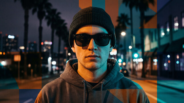 Portrait of a young man wearing a dark beanie and sunglasses standing on a city street at night with blurred urban lights in the background