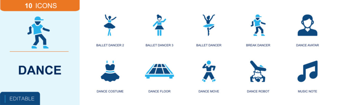 Dance icon set. Containing ballet dancer, break dancer, dance costume, dance floor, dance move, dance robot, dance avatar, music note, performers and more. Solid fill vector icons.