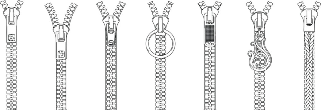 Set of various zipper pull designs and slider styles in black and white technical line art illustration