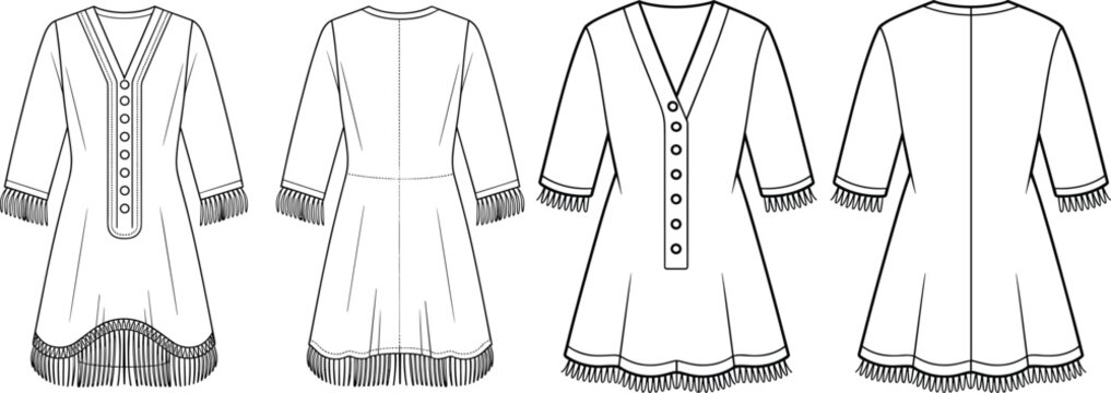 Front and back view of tunic dresses with buttoned plackets and fringe details technical flat sketch vector illustration