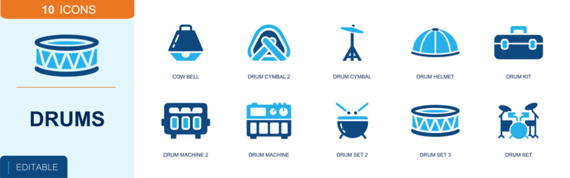 Drums and percussion icon set. Containing cow bell, drum cymbal, drum helmet, drum kit, drum machine, drum set, snare drum, bass drum, percussion pad and more. Solid fill vector icons.