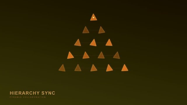 This abstract motion graphic displays remote team synergy through a golden pyramid building up to represent organizational alignment and collaborative success in a modern workplace.
