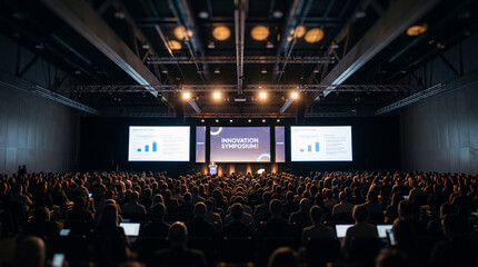 Fototapeta premium Audience members sitting in a dark auditorium watching a professional presentation at an innovation symposium conference event with large projection screens
