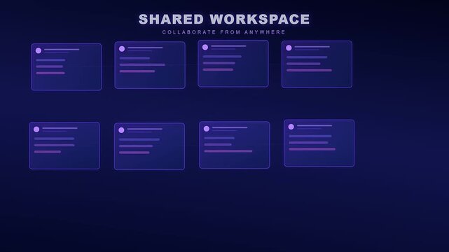 This digital animation illustrates remote team synergy through a dynamic interface showing shared workspace elements appearing on a dark blue background to represent modern collaboration.