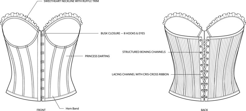Front and back view of women strapless corset top with sweetheart neckline busk closure and back lace-up design technical flat sketch vector illustration