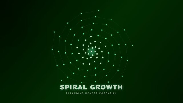 This abstract digital animation represents remote team synergy through a growing green spiral of connecting nodes that symbolizes collaborative potential and business development.