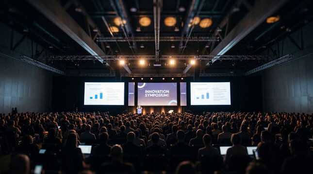 Audience members sitting in a dark auditorium watching a professional presentation at an innovation symposium conference event with large projection screens