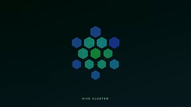 A dynamic motion graphic representing remote team synergy as colorful hexagons connect and form a complex hive cluster pattern on a dark digital background for corporate branding.