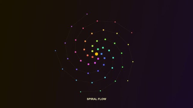 Vibrant motion graphics illustrating remote team synergy through a spiraling array of multicolored points rotating in perfect harmony around a bright central golden core light