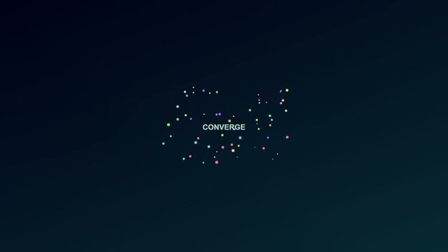 Visualizing abstract remote team synergy, colorful digital particles float across a dark background before gathering together around the central word converge to represent unified collaboration.
