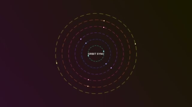 This futuristic motion graphic representing remote team synergy shows colorful dots orbiting a central axis in perfect synchronization against a dark cosmic background for professional use