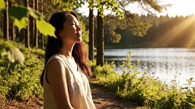 Meditative woman double exposure with serene forest lake