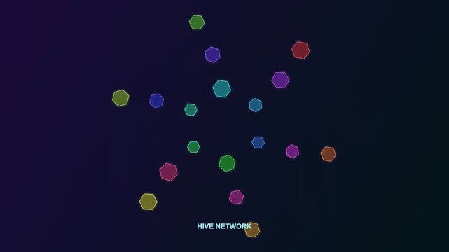 Colorful floating hexagons representing remote team synergy assemble into structured digital constellations against a dark background symbolizing connection and efficient data flow in business.