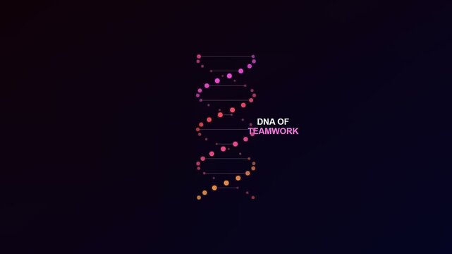 A sleek motion graphic exploring remote team synergy features a rotating DNA strand formed by vibrant glowing particles illustrating the essential elements of collaborative success.