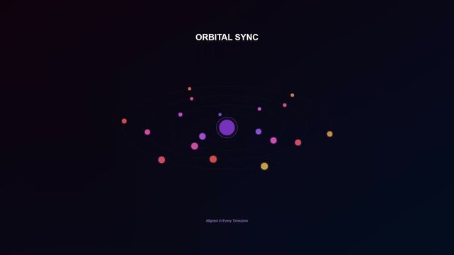 A dynamic motion graphic representing remote team synergy as colorful planets rotate in synchronized orbits around a central glowing hub.