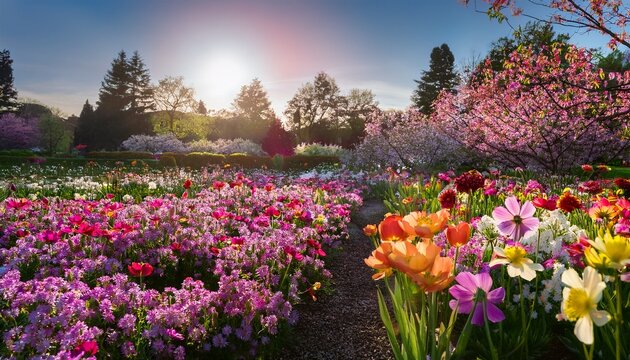 vibrant spring blossoms in a colorful flower garden with gentle breeze carrying floral fragrances