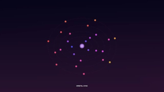 This abstract digital animation illustrates remote team synergy through glowing spheres orbiting a central core to represent seamless global connectivity and efficient modern workflow.