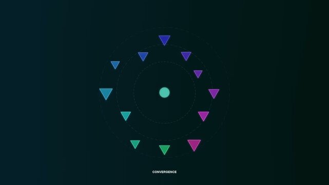 An abstract motion graphic visualizes remote team synergy as colorful triangles orbit and converge towards a central hub representing digital unity and efficient collaborative workflows.