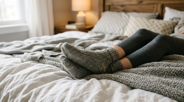 Close view of feet in grey knitted socks lying in bed showing a comfortable weekend lifestyle.