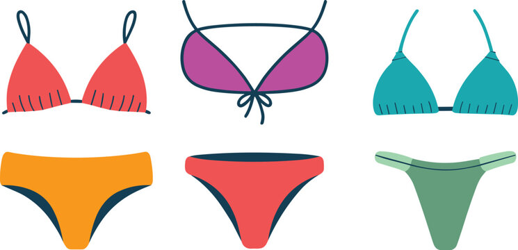 Set of colorful women bikini swimwear mix and match tops and bottoms including triangle bikini tops and thong style cheeky bottoms flat vector illustration