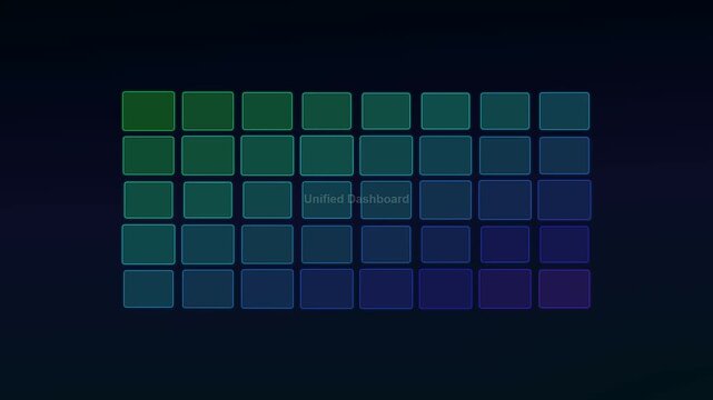 This dynamic motion graphic showcasing remote team synergy features an evolving digital interface with a glowing colorful grid representing complex data systems and unified collaboration.