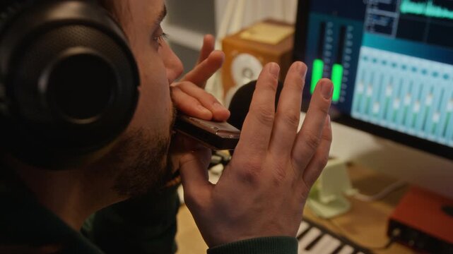 Male musician wearing headphones playing harmonica into microphone in home recording studio, computer with editing software in background. Music education, creative hobby promos, audio technology ads