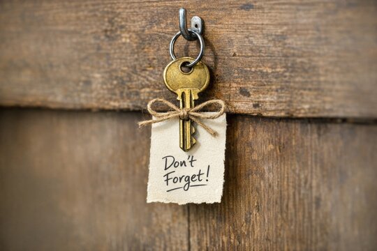 A key hangs from a wooden door with a reminder to not forget it, great for illustrations of forgotten or lost items