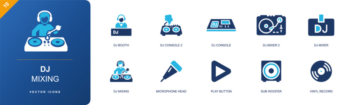 DJ mixing icon set. Containing DJ booth, DJ console, DJ mixer, microphone head, play button, sub woofer, vinyl record, turntable deck, sound system and more. Solid fill vector icons.