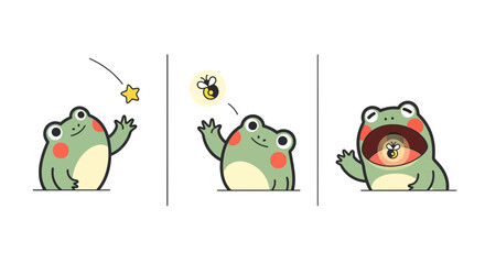 Fototapeta premium Cute Cartoon Frog Catching and Eating a Firefly Comic Strip