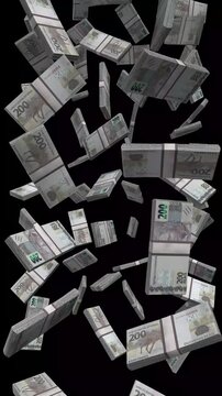 Vertical Brazil Money, Falling Brazilian Real Bills Black Background, Premium Latin America Finance Cash Stacks, 4K