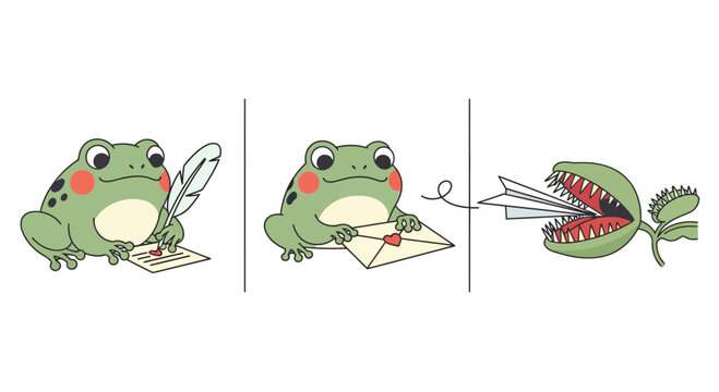 Cute frog comic writing a love letter eaten by a venus flytrap