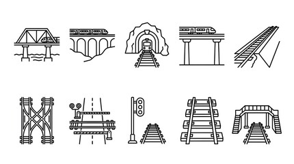 Obraz premium Diverse Set of Railway Infrastructure Vector Line Icons Depicting Bridges, Tunnels, Tracks, Crossings, and Signals for Transportation Design