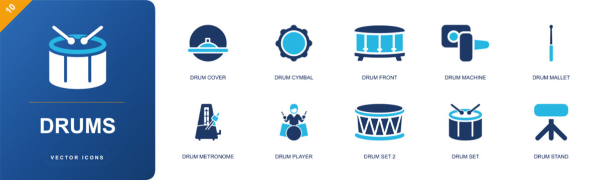Drums icon set. Containing drum cover, drum cymbal, bass drum, drum machine, drum mallet, drum metronome, drum player, marching drum, drum stand and more. Solid fill vector icons.