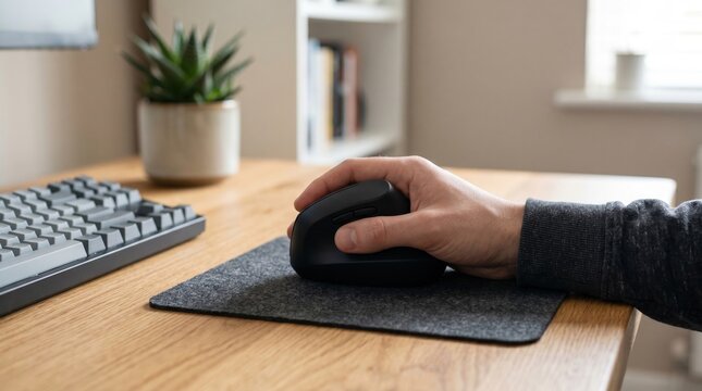Closeup of a person using an ergonomic vertical mouse on a wooden desk