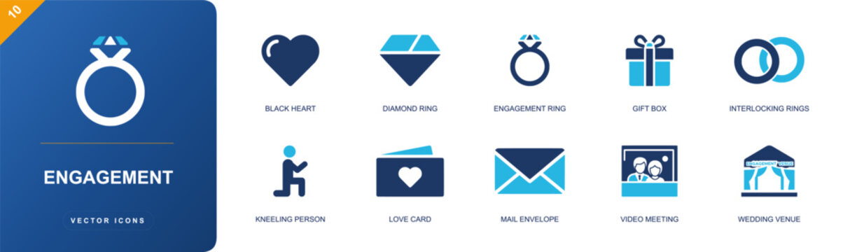 Engagement icon set, containing heart, diamond ring, engagement ring, gift box, interlocking rings, proposal pose, love card, envelope, wedding venue and more, solid fill vector icons.