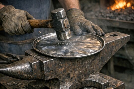 A man is using a hammer to shape metal on an anvil in a traditional blacksmithing setting