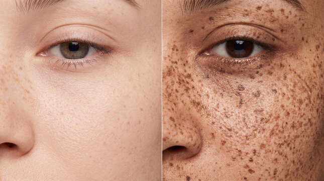 Comparison of clear skin and skin with heavy freckles and sun damage on a woman's face showing facial texture and complexion differences
