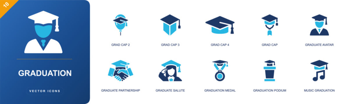 Graduation icon set. Containing grad cap, mortarboard, graduate avatar, graduate salute, partnership, medal, podium, music graduation, academic badge and more. Solid fill vector icons.