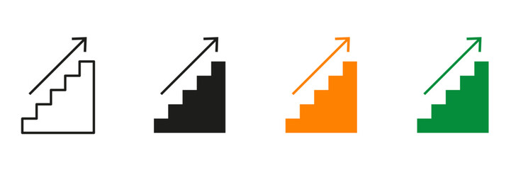 Fototapeta premium Stairs direction icon. Ascending staircase symbols with upward arrows representing growth, navigation, accessibility, floor transitions, wayfinding systems, and building circulation.