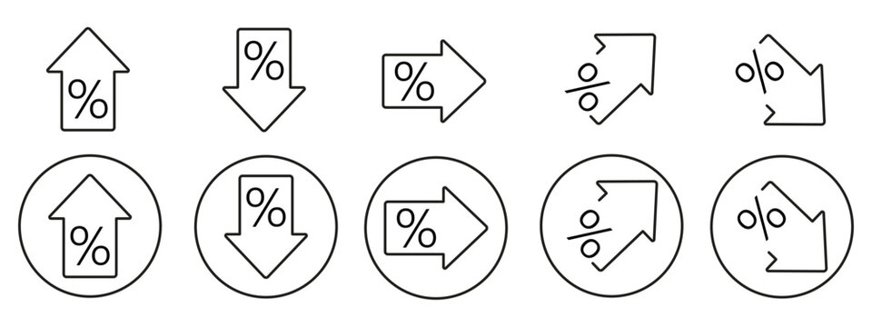 Percentage icon set. Collection of discount, growth, decline, and rate change symbols representing financial trends, price movements, interest rates, sales performance, and economic indicators.