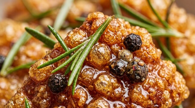 Macro Close-up of Crispy Roasted Pork Crackling with Fresh Rosemary and Black Peppercorns