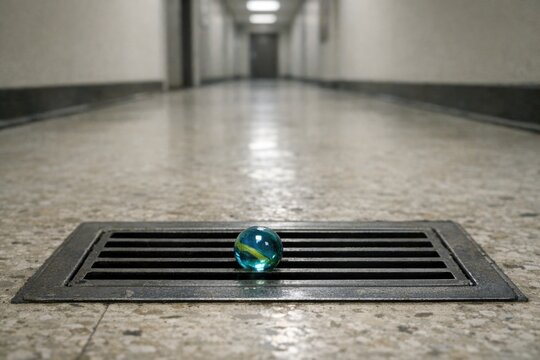 A single marble ball sits on a drain in a hallway, awaiting its fate