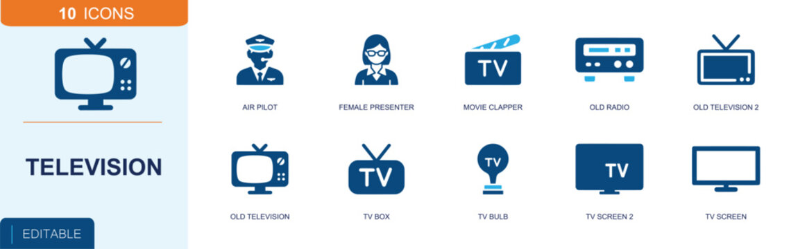 Television icon set. Containing old television, TV box, TV screen, old radio, female presenter, movie clapper, TV bulb, broadcast monitor, retro TV and more. Solid fill vector icons.
