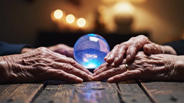 Mystic Fortune Teller Hands Around Glowing Crystal Ball Foretelling Future